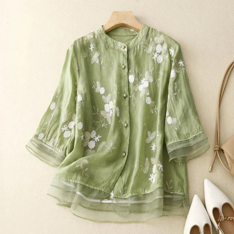 Elegant Women's Top with Embroidery, Breathable Cotton Blend Blouse in Various Colors and Sizes