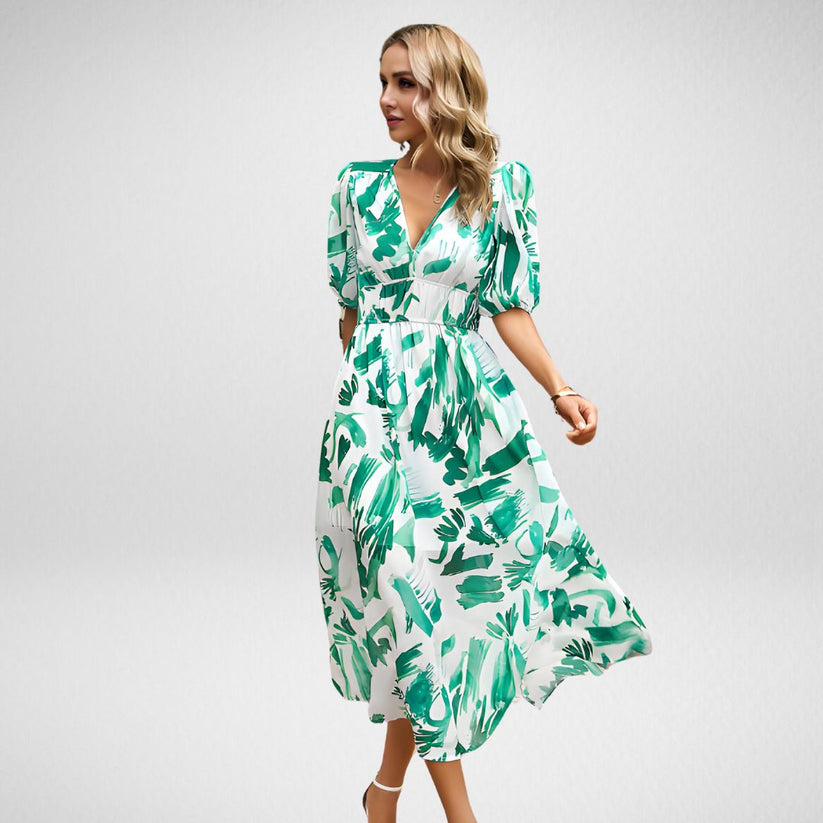 Elegant Printed Midi Dress with Three-Quarter Sleeves for Women - Versatile Midi Dress for Any Occasion