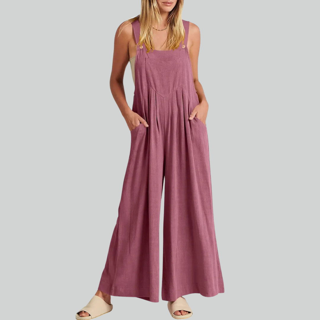 Plus Size Vintage Cotton Linen Wide Leg Overalls Jumpsuit with Pockets