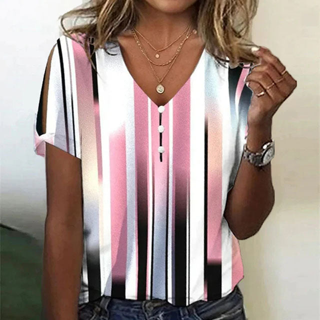 Casual V-Neck Blouse for Women, Short Sleeve Color Gradient Stripe Summer Top, Cotton-Polyester Blend