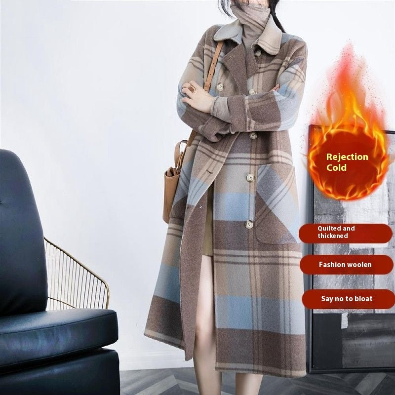 Warm Women's Checked Wool Mid-Length Coat - Double-Breasted