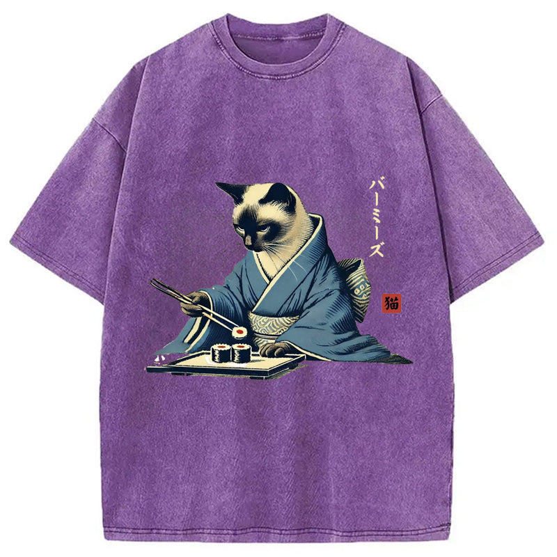 bbb Cat In Kimono Eating Sushi Washed T-Shirt