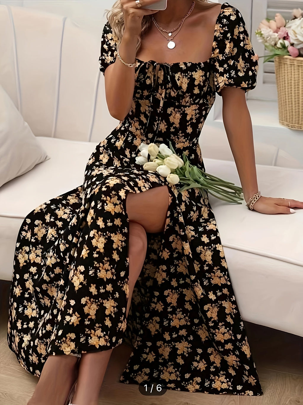 A-Line Floral Summer Dress with Puffed Sleeves for Women - Lightweight Formal Wedding Guest Dresses