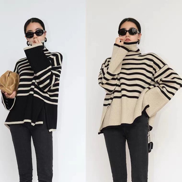Oversized Women Turtleneck Sweater - Slit Knit, Warm