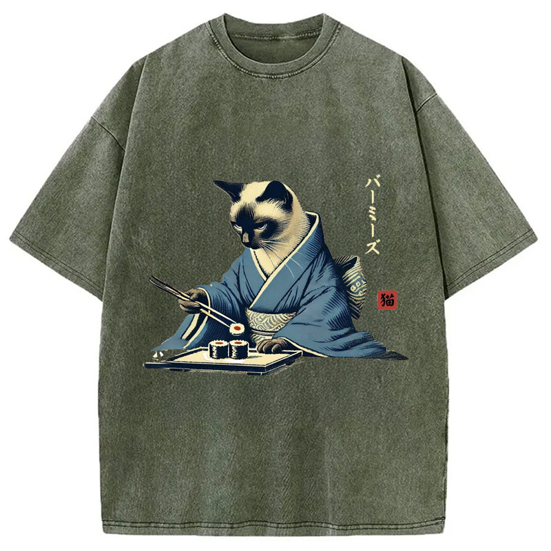 bbb Cat In Kimono Eating Sushi Washed T-Shirt