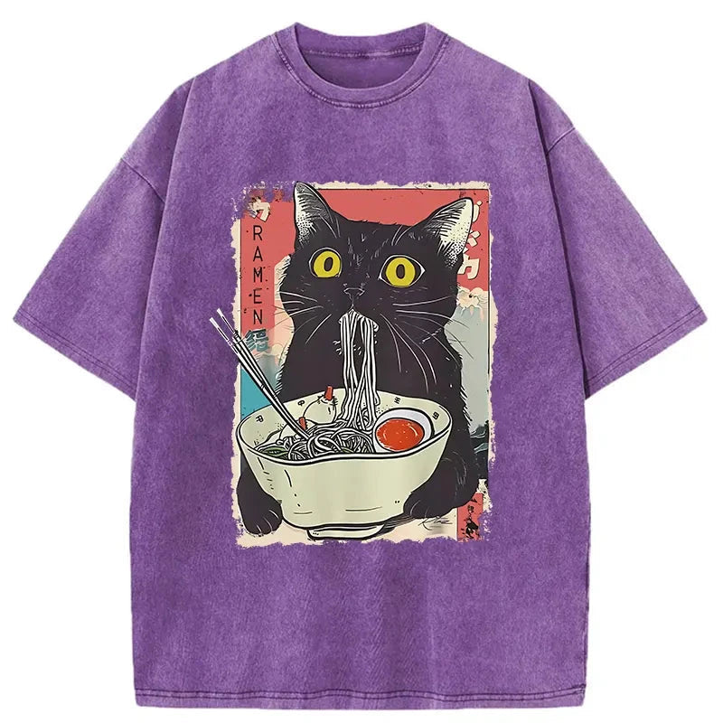 bbb Cute Cat Eating Ramen Washed T-Shirt