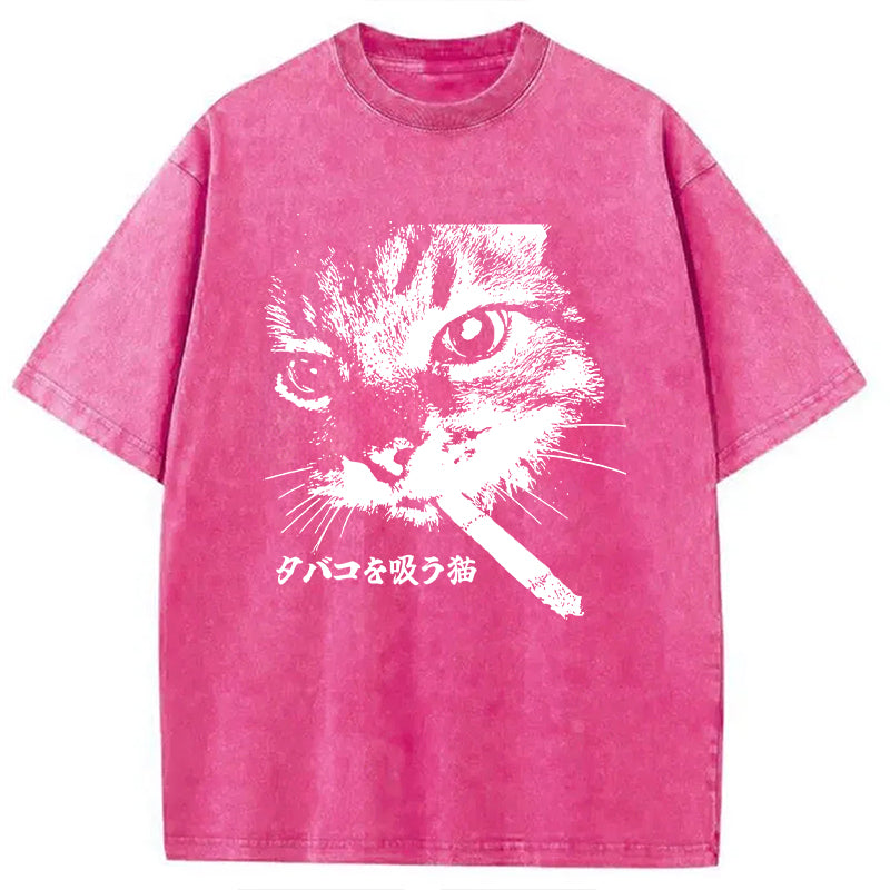 bbb Retro Cat Smoking Washed T-Shirt