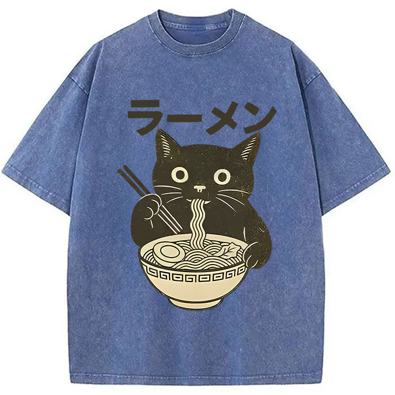 bbb Simple Black Cat Eating Ramen Washed T-Shirt