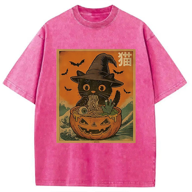 bbb Halloween Cat Eating Ramen Washed T-Shirt