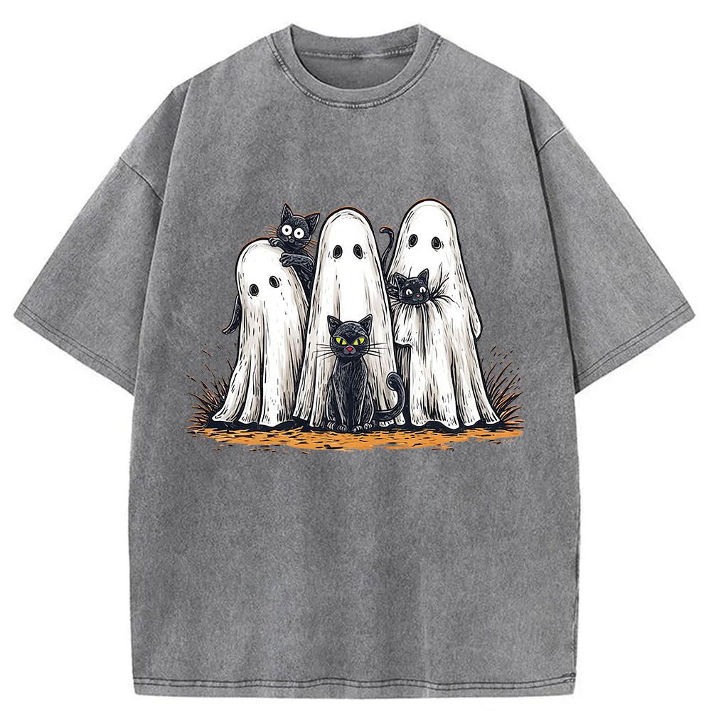bbb Black Cat Ghost Halloween Washed T-Shirt