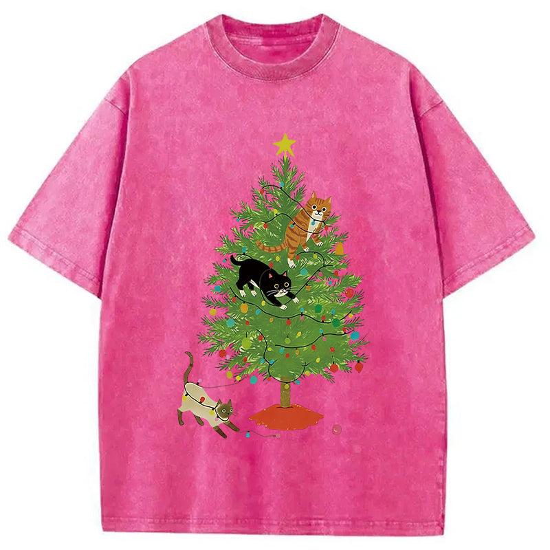bbb Cats Playing On The Christmas Tree Washed T-Shirt
