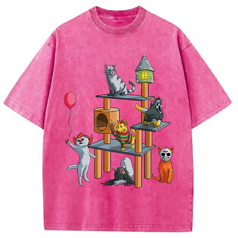 bbb Funny Cat Horror Movies Cute Halloween Washed T-Shirt