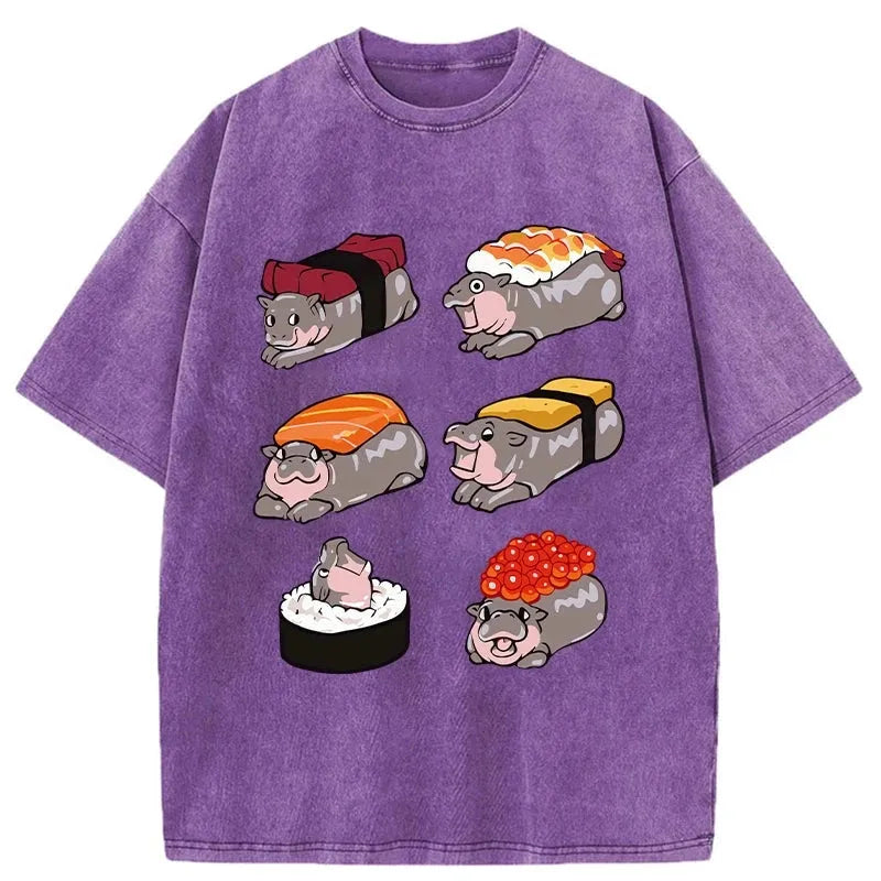 bbb Cute Hippo Sushi Washed T-Shirt