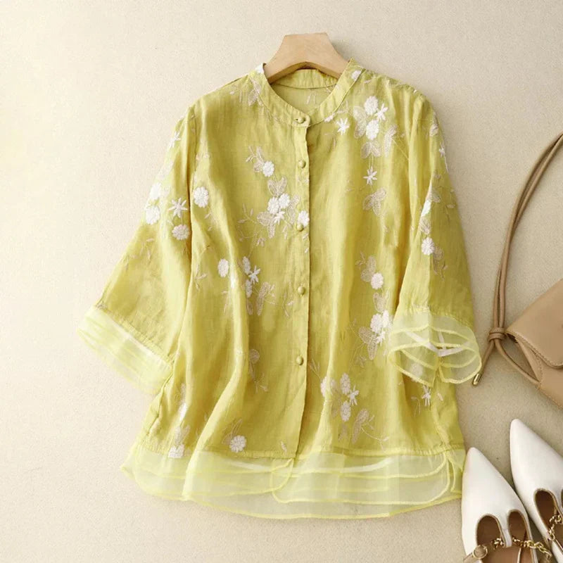 Elegant Women's Top with Embroidery, Breathable Cotton Blend Blouse in Various Colors and Sizes
