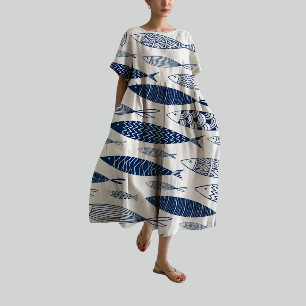 Fashion Lady Short Sleeve Loose Maxi Dress - Retro Flower Print Pocket Party Dress