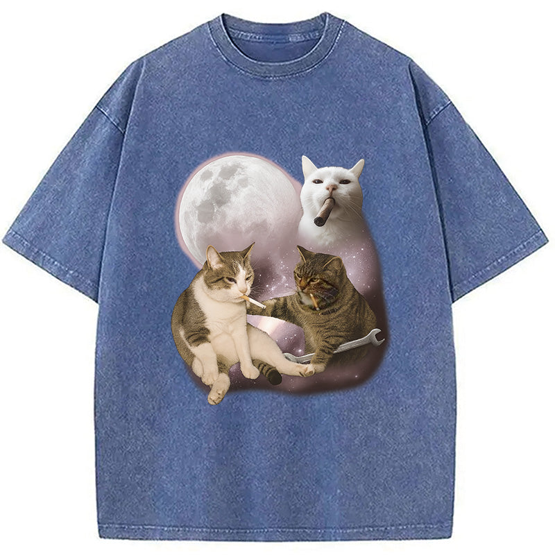 bbb Three Cat Smoking Retro Washed T-Shirt