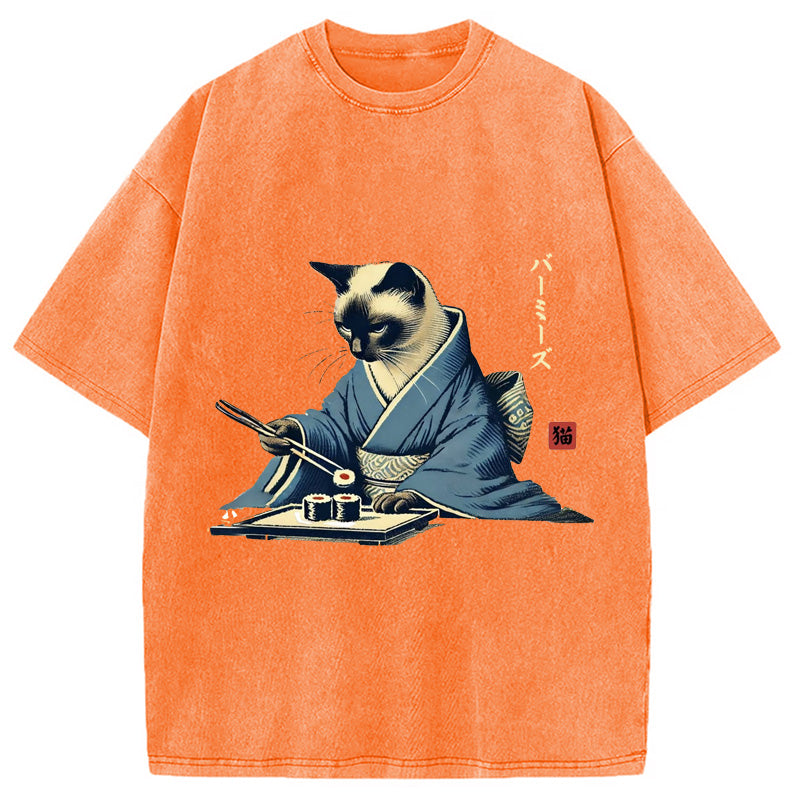 bbb Cat In Kimono Eating Sushi Washed T-Shirt