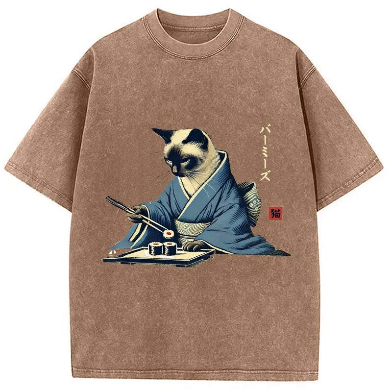 bbb Cat In Kimono Eating Sushi Washed T-Shirt