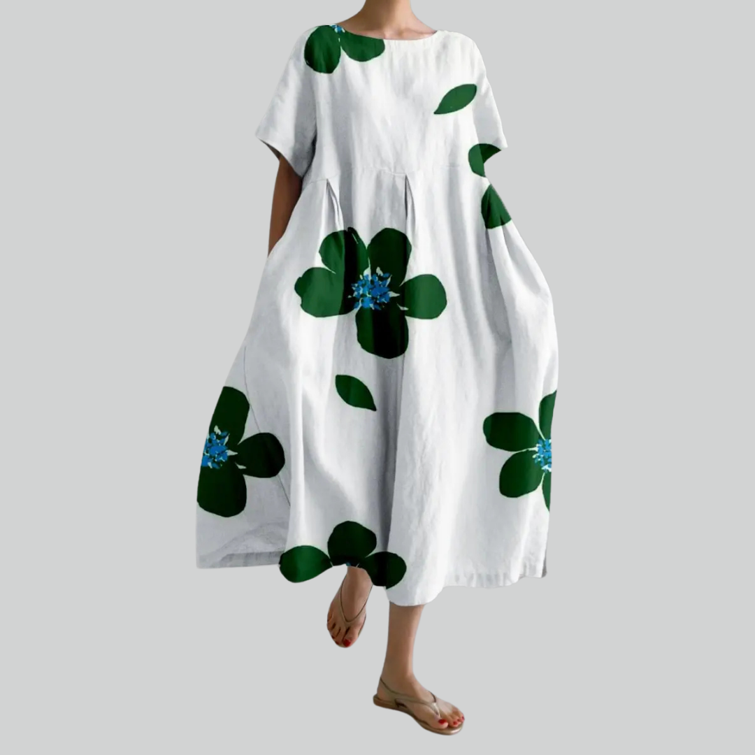 Fashion Lady Short Sleeve Loose Maxi Dress - Retro Flower Print Pocket Party Dress