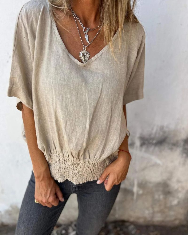Relaxed Women's Top in Cotton Linen Blend, Flowy V-Neck Blouse for Casual Summer Style
