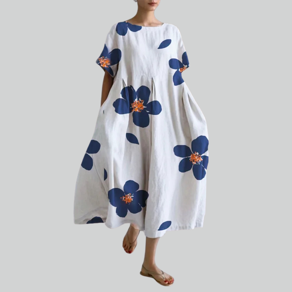 Fashion Lady Short Sleeve Loose Maxi Dress - Retro Flower Print Pocket Party Dress