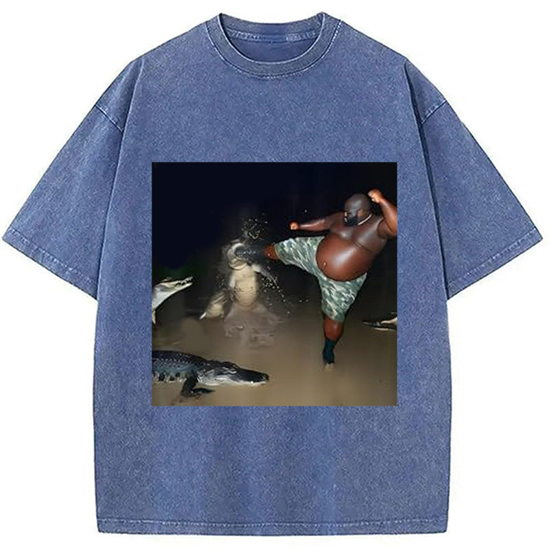 bbb Man Kick Alligator In Swamp Funny Washed T-Shirt