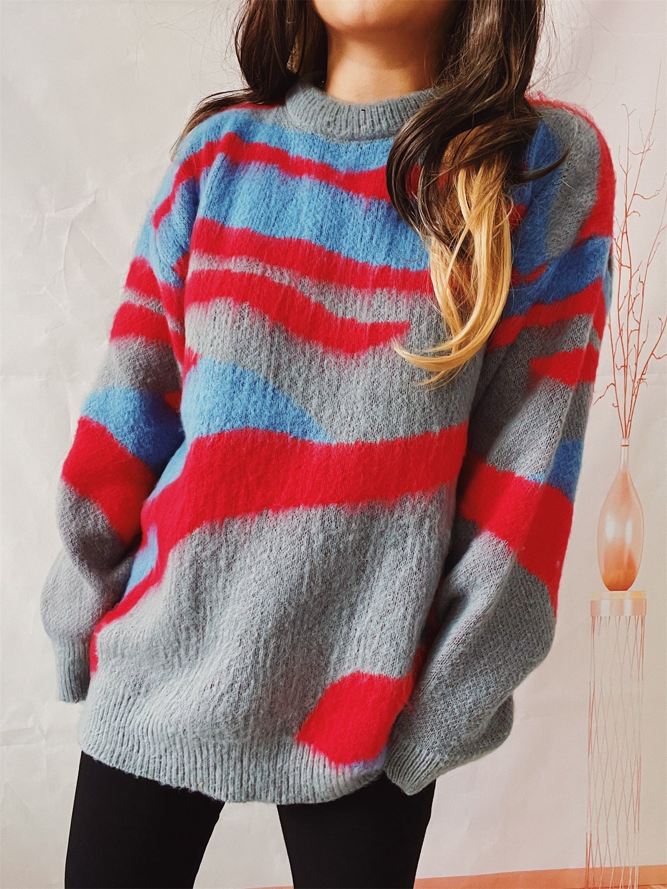 Oversized Women Sweater - Irregular Striped, Knit, Casual