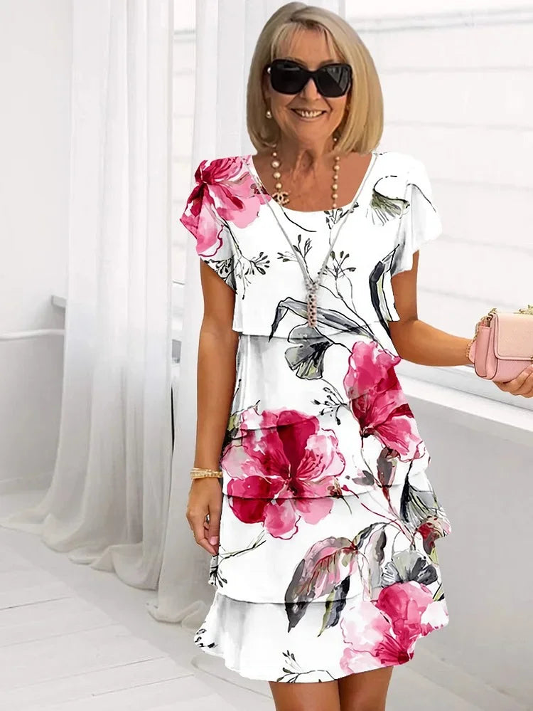 Elegant Floral Ruffle White Dress for Women, Plus Size Summer Wedding Guest Dresses in Multiple Colors and Sizes