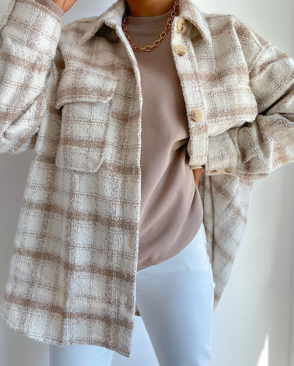 Oversized Womens Long Coat - Shirt Style, Tweed, For City