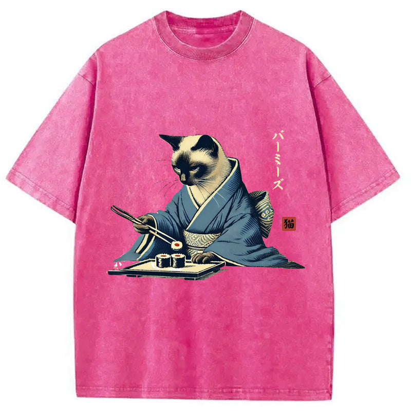 bbb Cat In Kimono Eating Sushi Washed T-Shirt