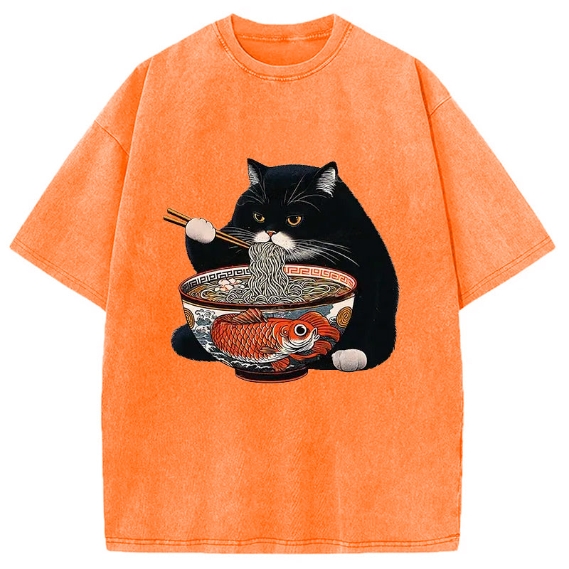 bbb Fat Cat Eating Ramen Washed T-Shirt
