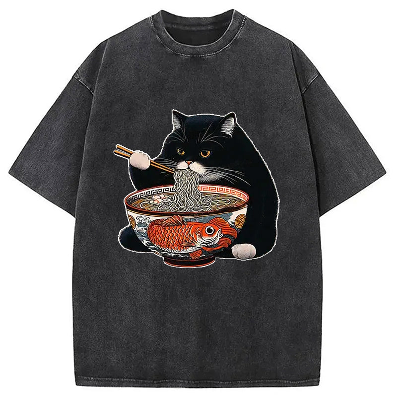 bbb Fat Cat Eating Ramen Washed T-Shirt