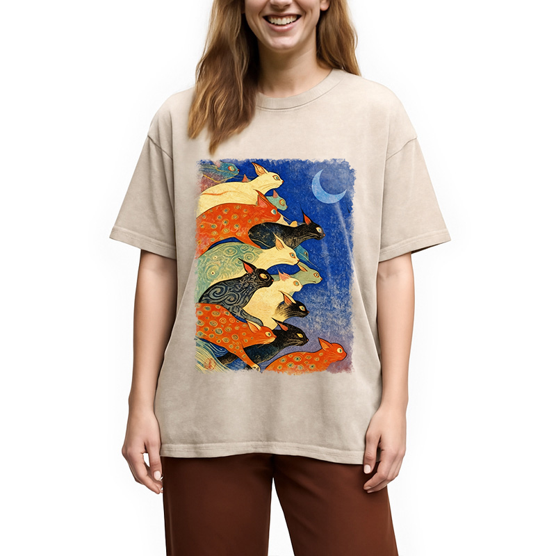 bbb Colorful Flowing Cats Washed T-Shirt
