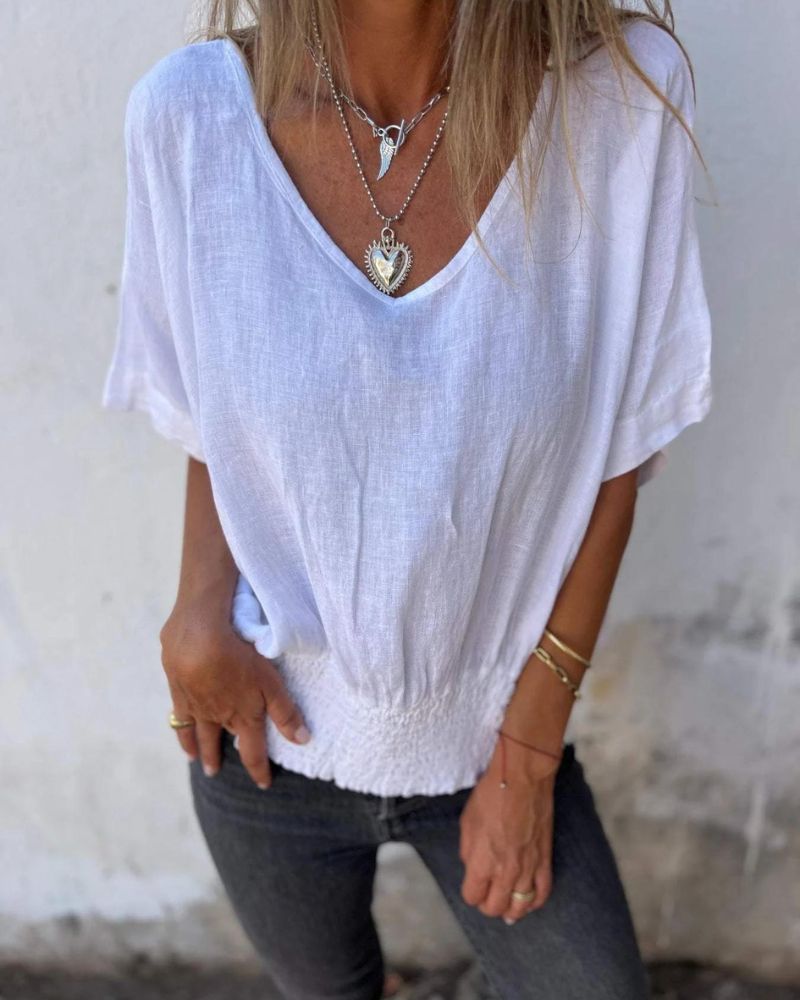 Relaxed Women's Top in Cotton Linen Blend, Flowy V-Neck Blouse for Casual Summer Style