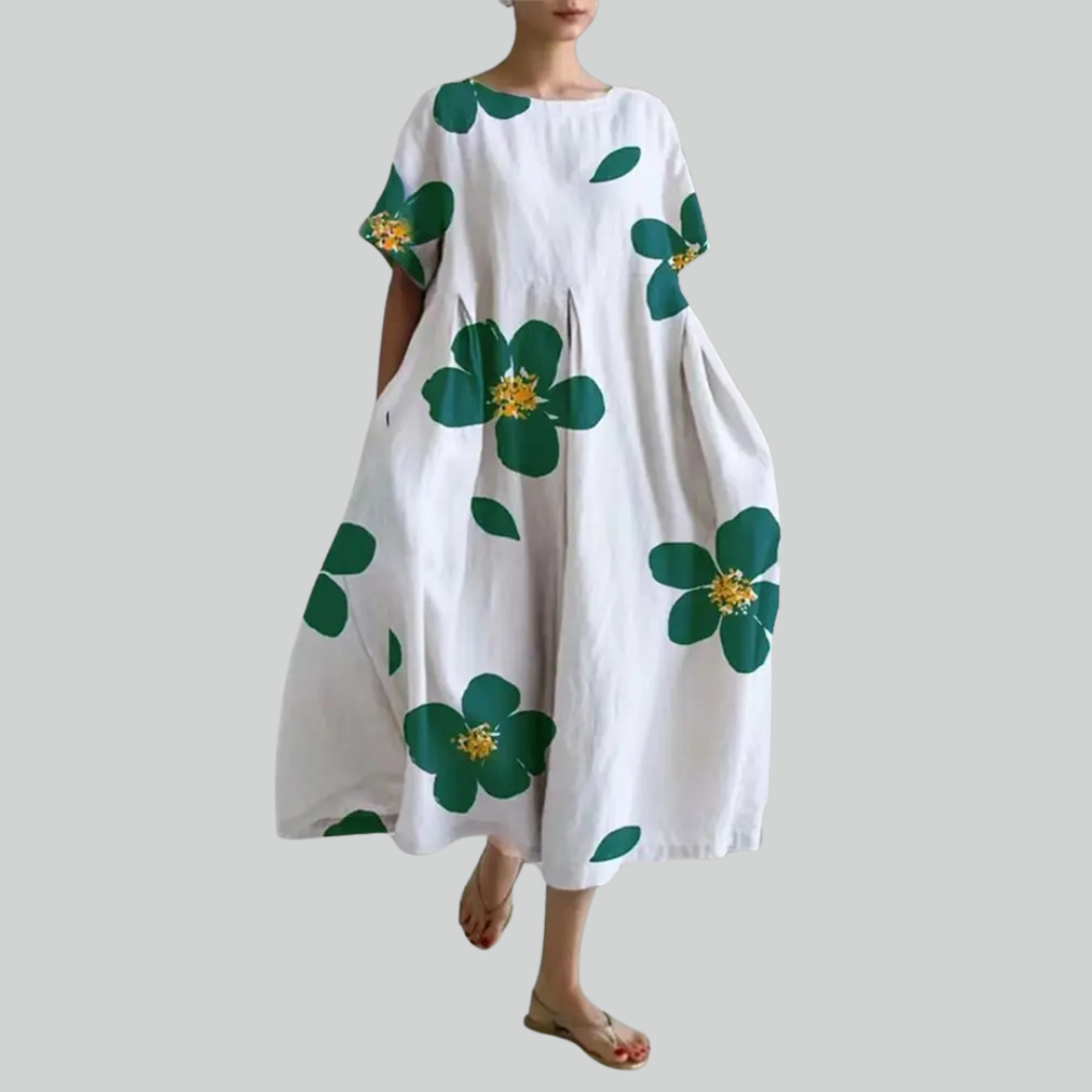 Fashion Lady Short Sleeve Loose Maxi Dress - Retro Flower Print Pocket Party Dress
