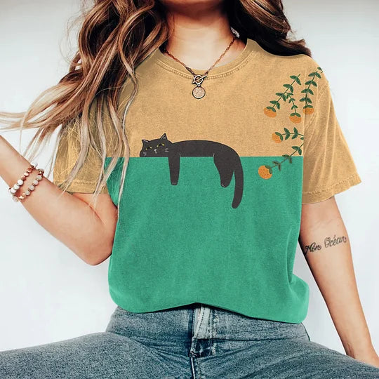 VStylish Zweifarbiges Katzen-T-Shirt – Lässiges Baumwoll-T-Shirt für jeden Tag