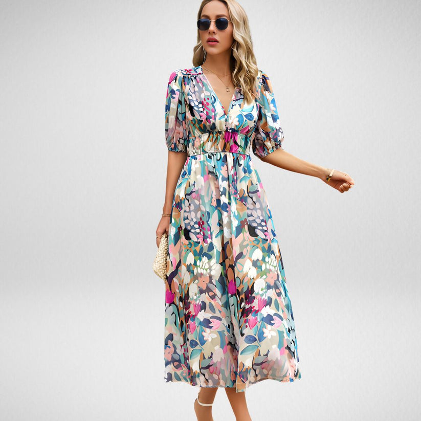 Elegant Printed Midi Dress with Three-Quarter Sleeves for Women - Versatile Midi Dress for Any Occasion
