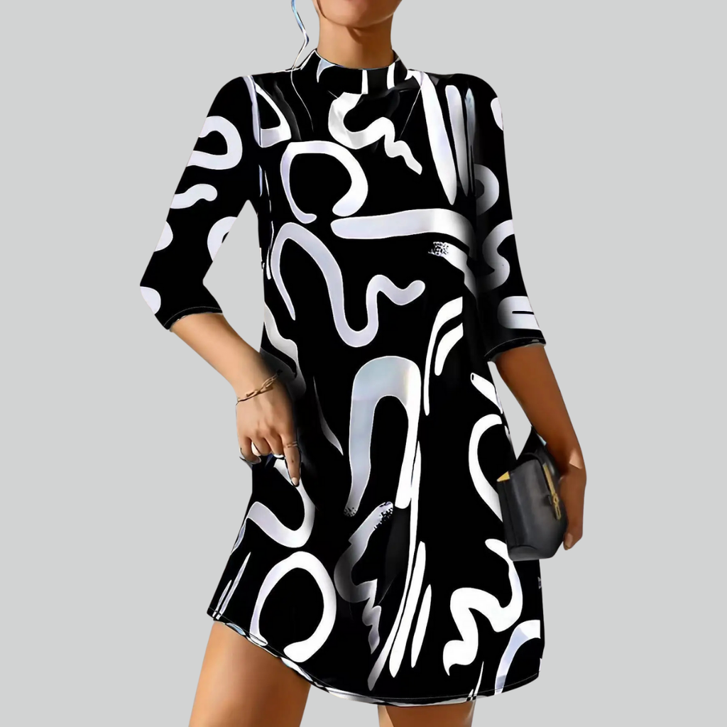 Fashion Long Sleeve Print Mini Dress for Women Autumn Casual Office Wear Robe Femme