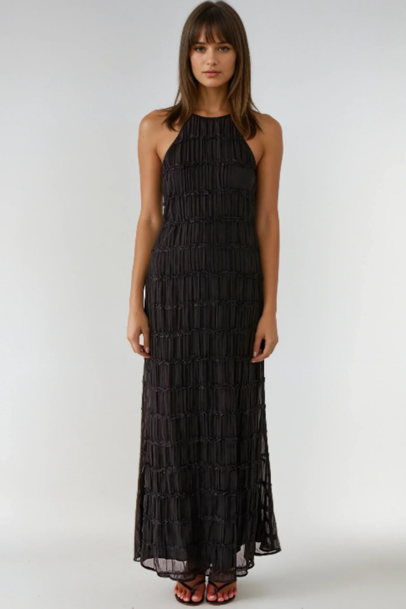 Ethereal Halter Maxi Dress in Soft Nude with Pleated Layers - Elegant Long Dress for Women, Full-Length Design