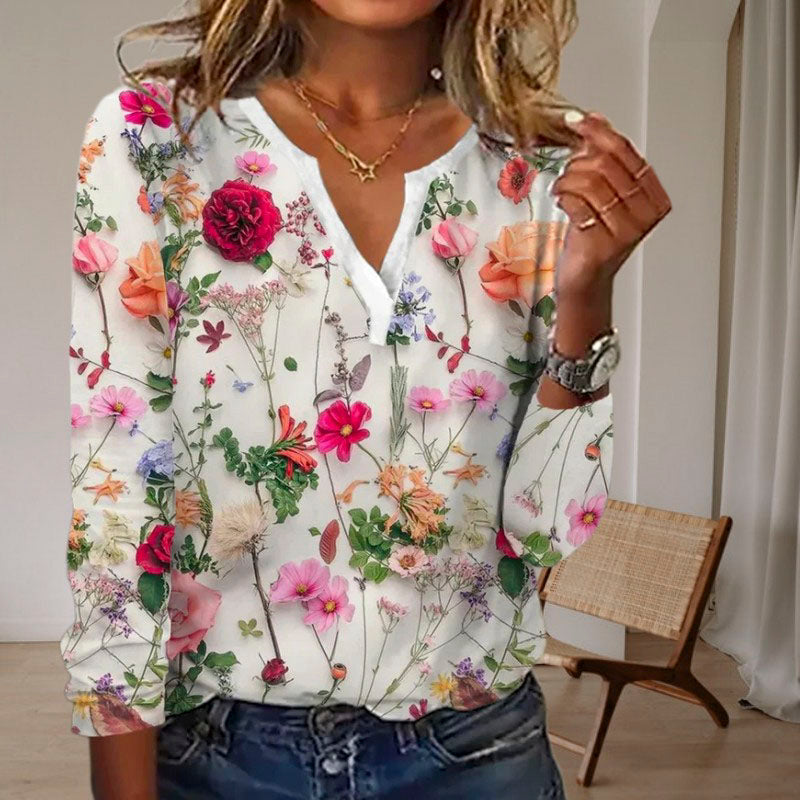 Floral Print Women's Blouse in Cotton-Polyester Blend, Lightweight Summer Top for Casual Wear