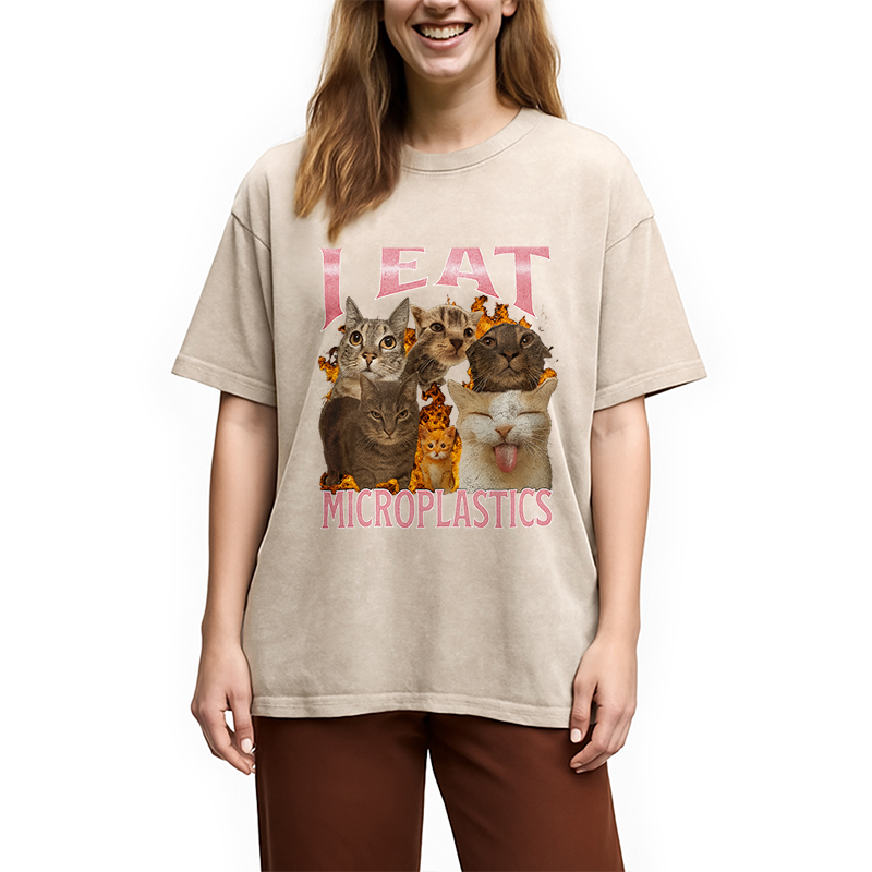 bbb I Eat Microplastics Funny Cat Meme Washed T-Shirt
