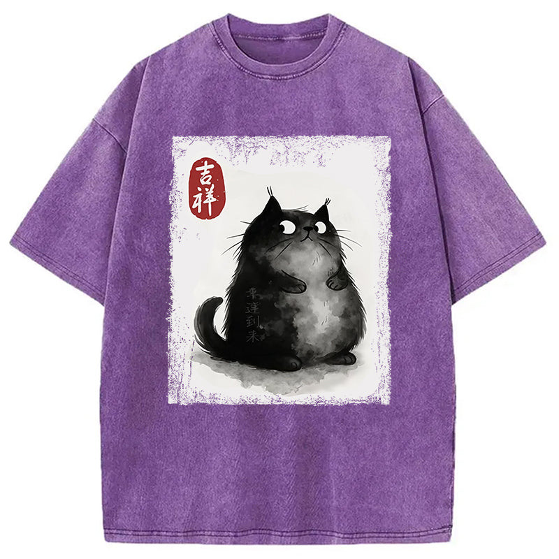 bbb Auspicious Fluffy Black Cat Washed T-Shirt