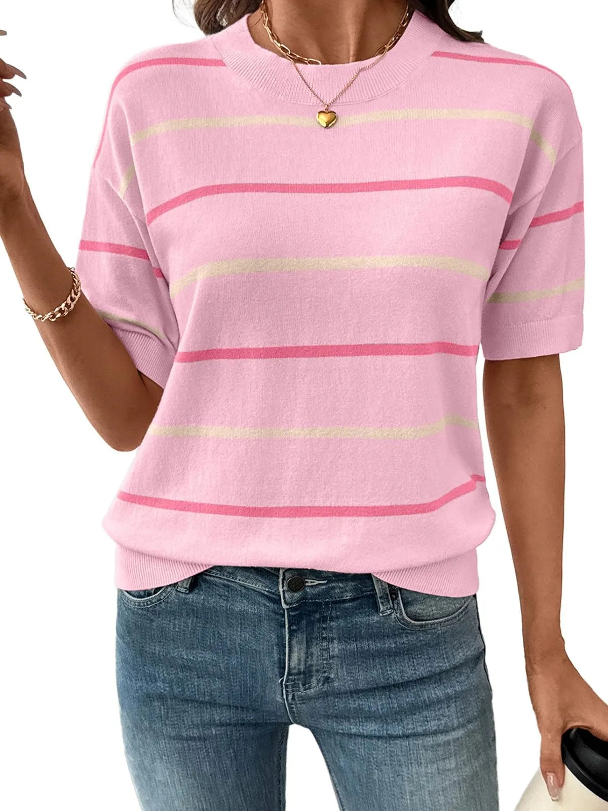 2026 Women's Knitted Striped Crewneck Short Sleeve Sweater