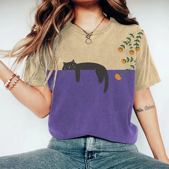 VStylish Zweifarbiges Katzen-T-Shirt – Lässiges Baumwoll-T-Shirt für jeden Tag