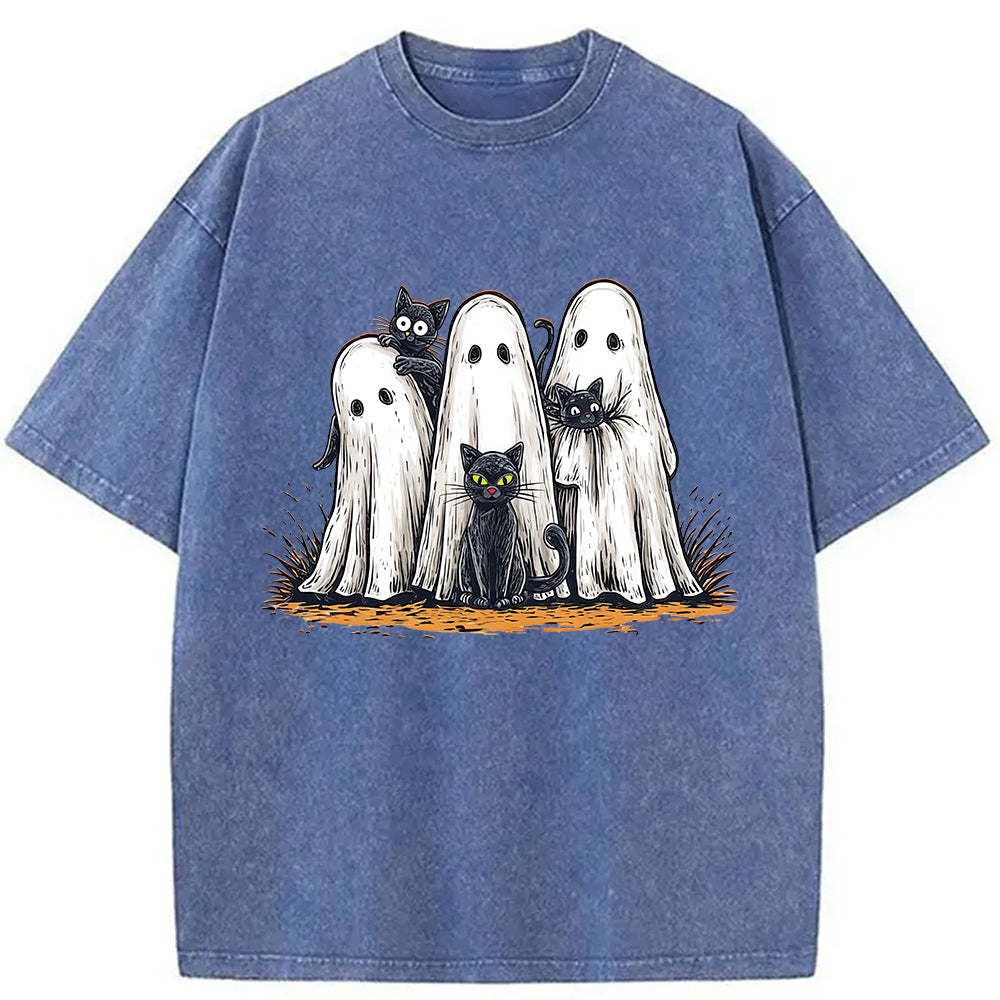 bbb Black Cat Ghost Halloween Washed T-Shirt