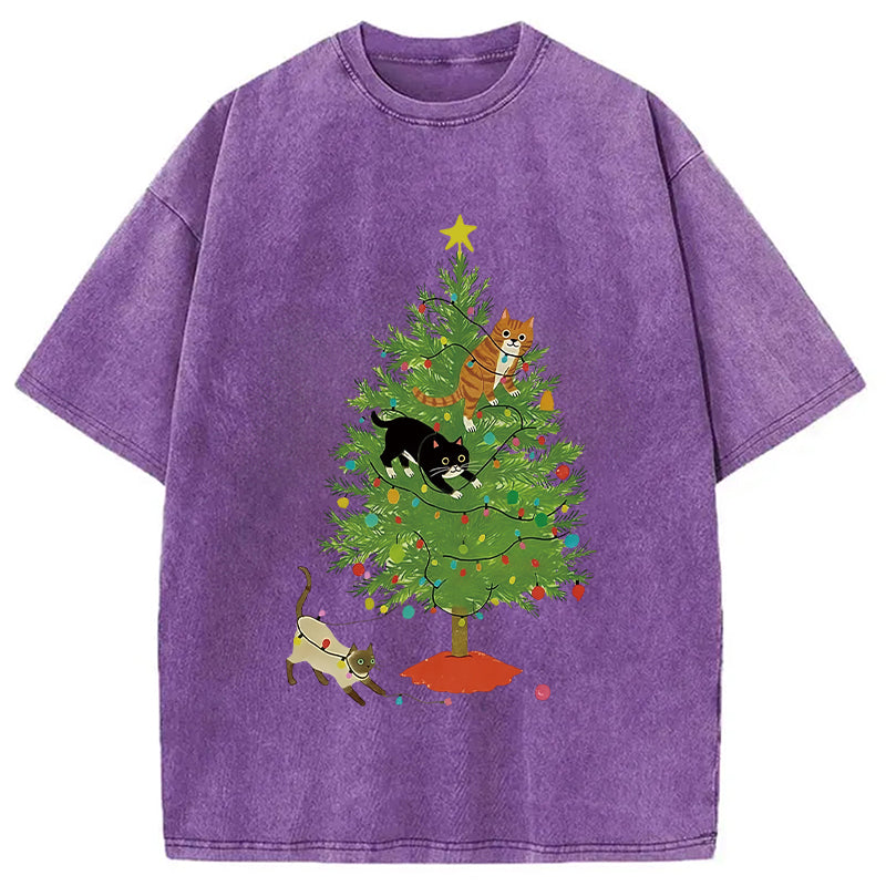 bbb Cats Playing On The Christmas Tree Washed T-Shirt