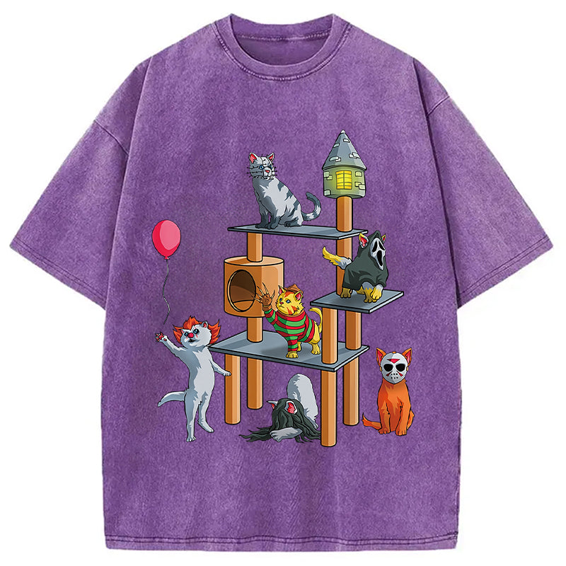 bbb Funny Cat Horror Movies Cute Halloween Washed T-Shirt