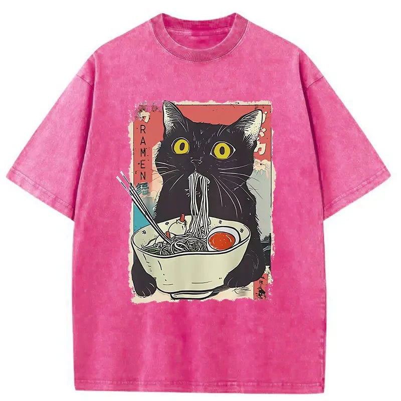 bbb Cute Cat Eating Ramen Washed T-Shirt