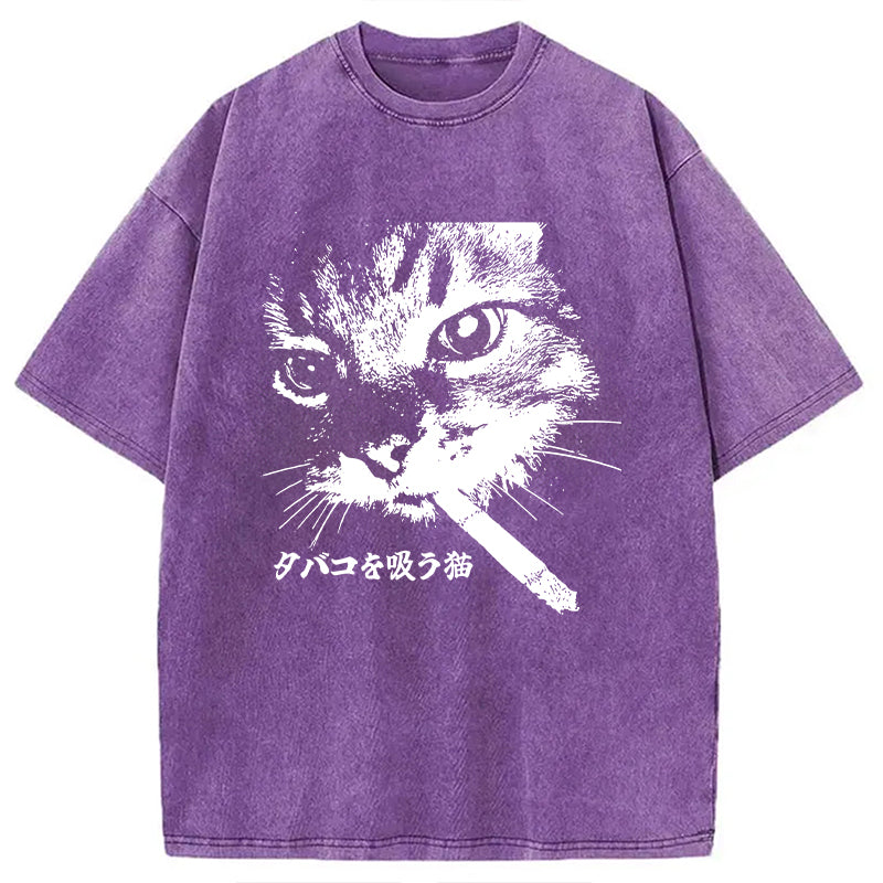 bbb Retro Cat Smoking Washed T-Shirt