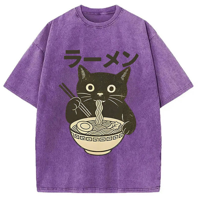 bbb Simple Black Cat Eating Ramen Washed T-Shirt